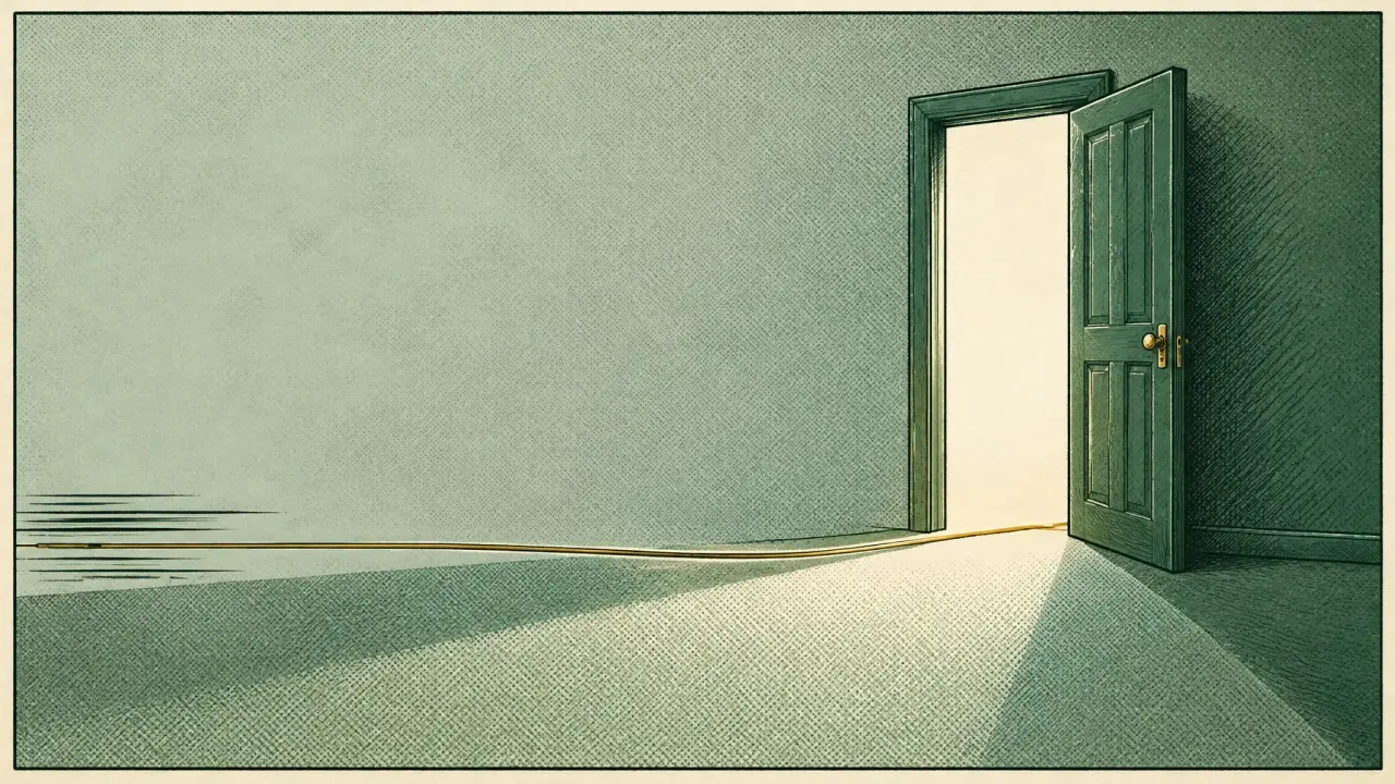 A single inked line arriving at an open door with light spilling through, representing a resolved patient request
