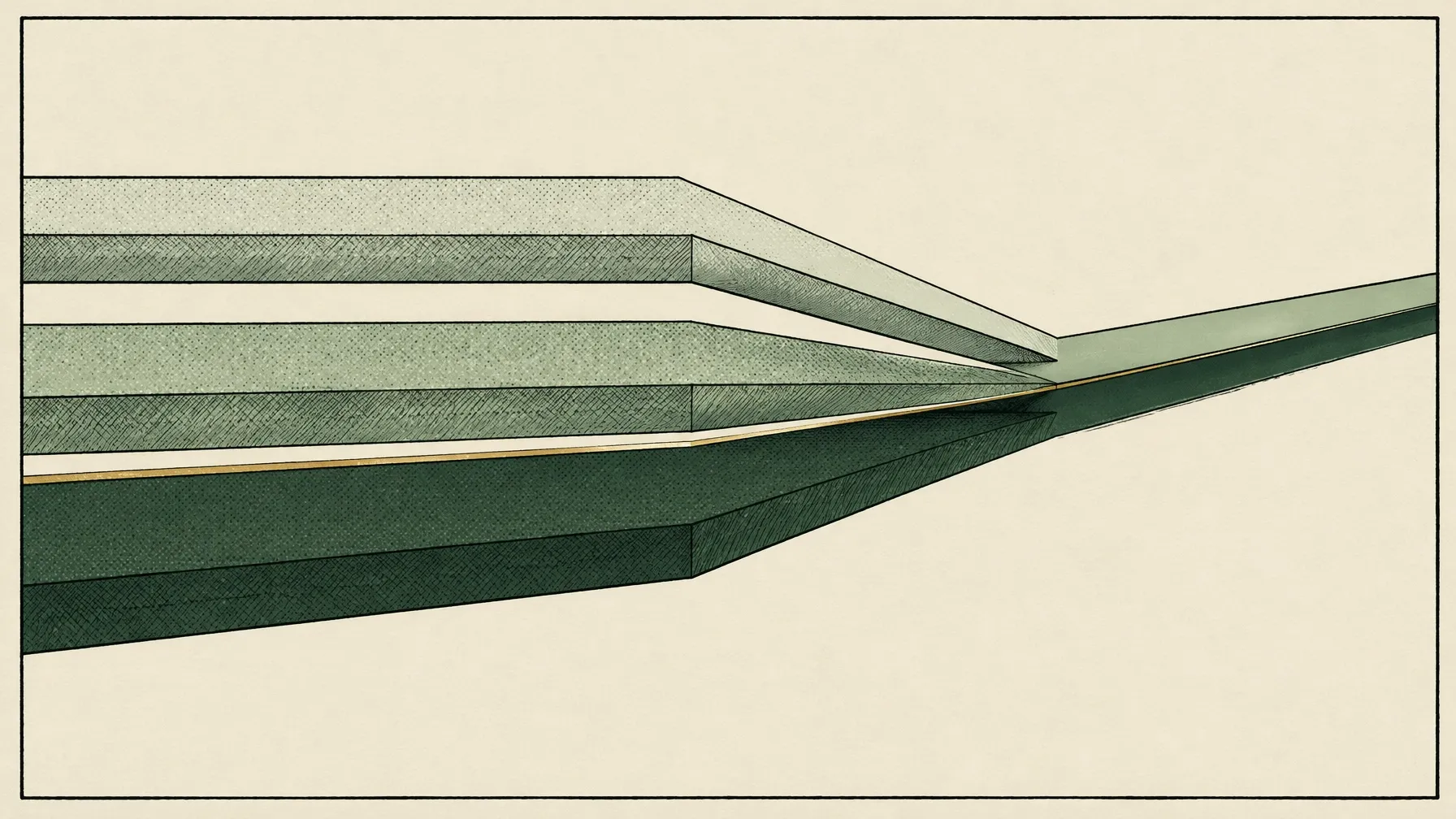 Three inked strata converging into one aligned channel, representing shared rules, navigation, and capacity